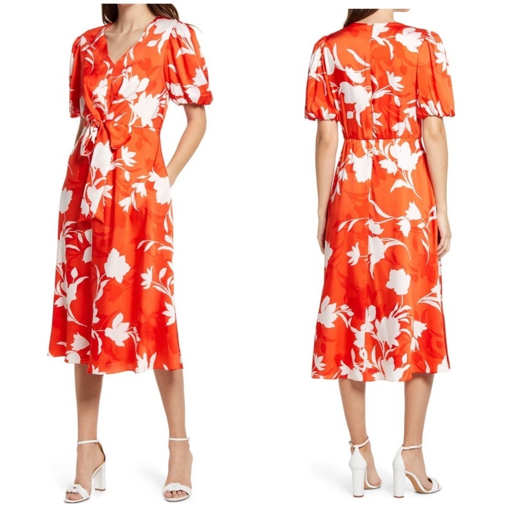 JULIA JORDAN Women Floral Print Short Puff Sleeve Front Tie Midi Party Dress 4